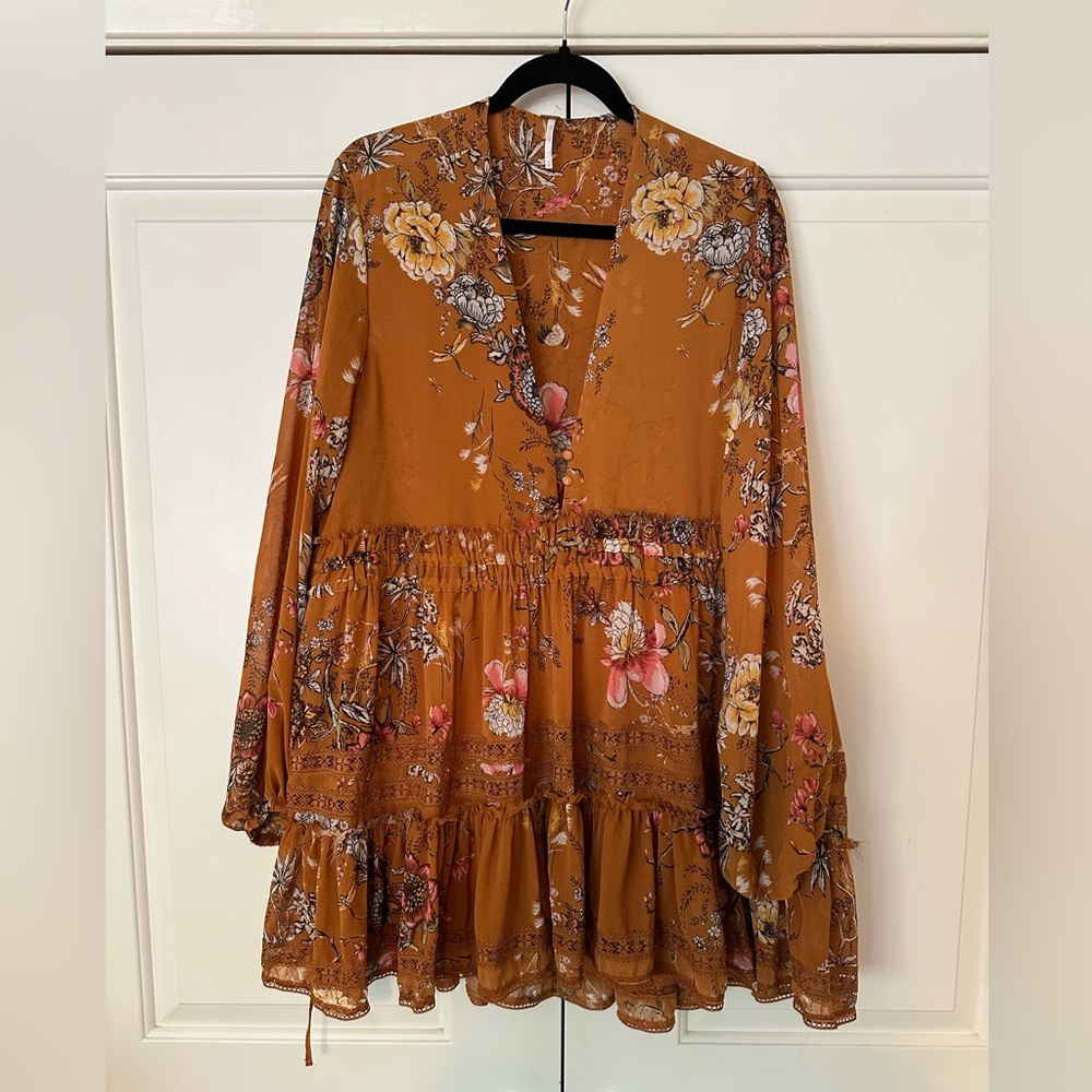 Free People Cherry Blossom Long Sleeve Mini Dress in Topaz Combo